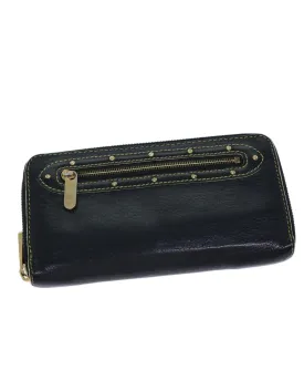 Black Leather Long Wallet with Zipper Closure and Multiple Card Slots