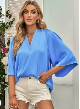 Blue Satin Half Sleeve V Neck Blouse