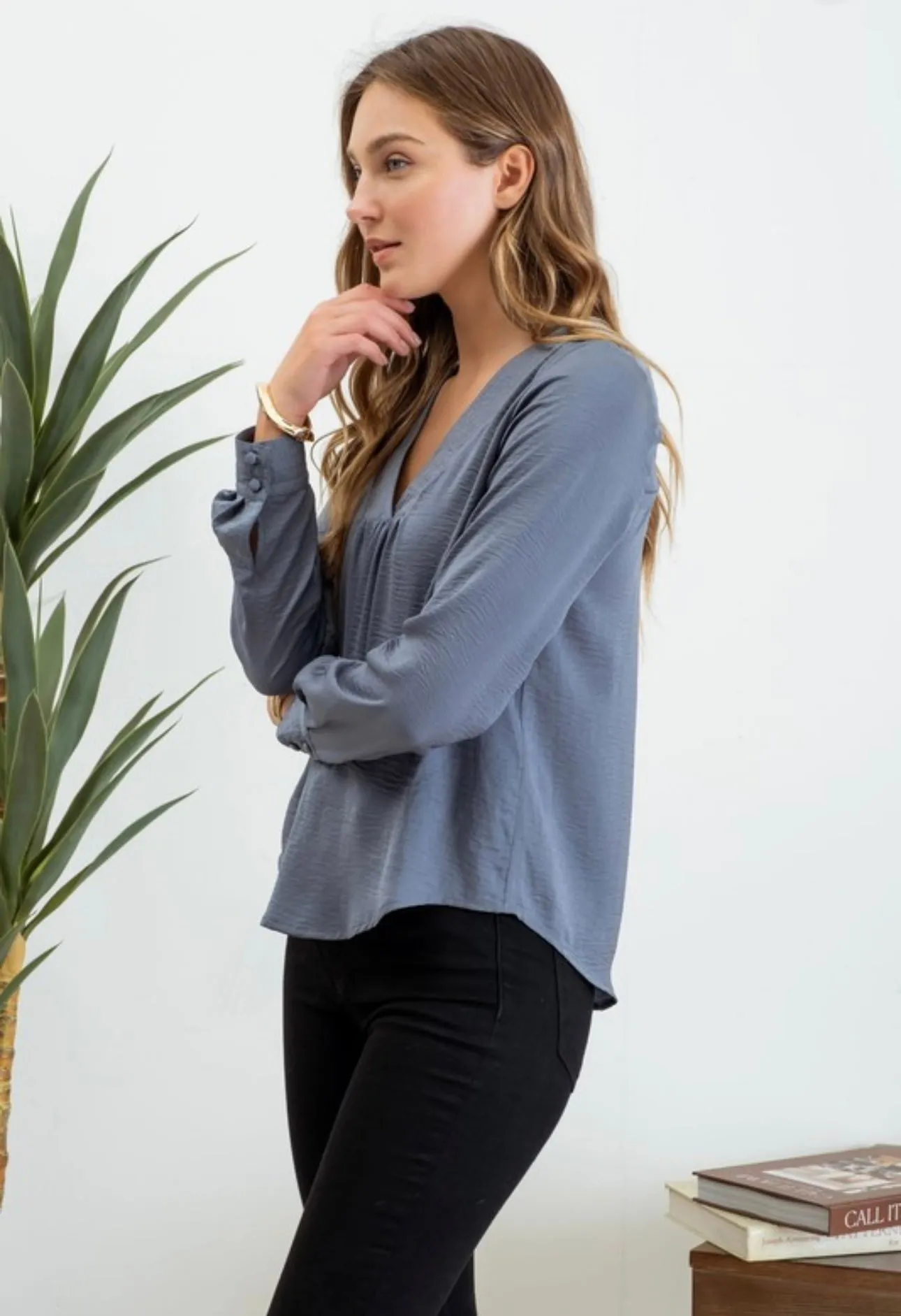 Blue Satin Vneck Blouse