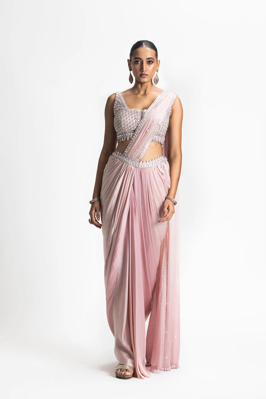 BLUSH PINK OMBRE DYED DRAPED SAREE