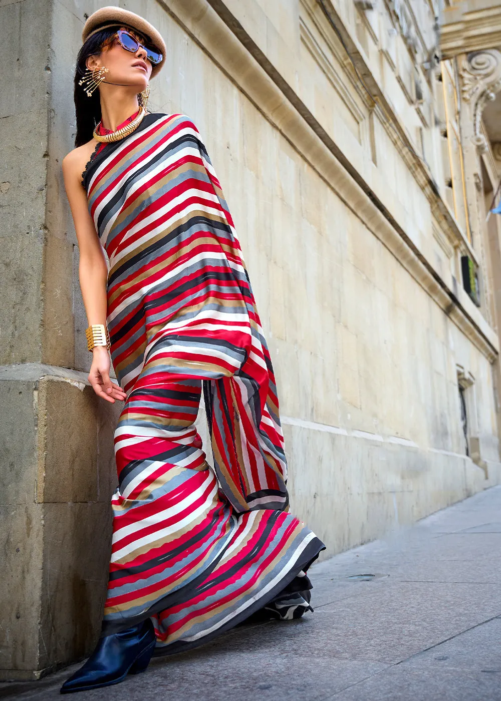 Crimson Red Designer Satin Crepe Printed Saree