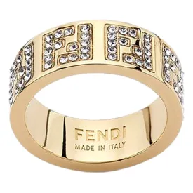 Fendi FF Crystal Embellished Wide Band Gold Ring Small