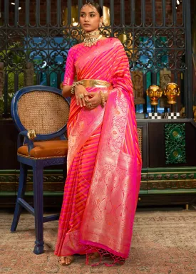 Fiery Rose Pink Zari Woven Satin Silk Saree