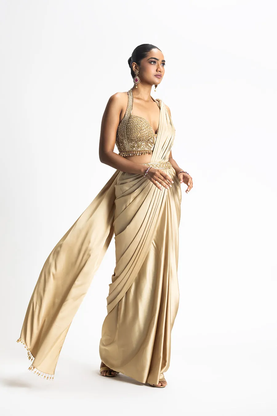 GOLD SATIN PRE DRAPED SAREE