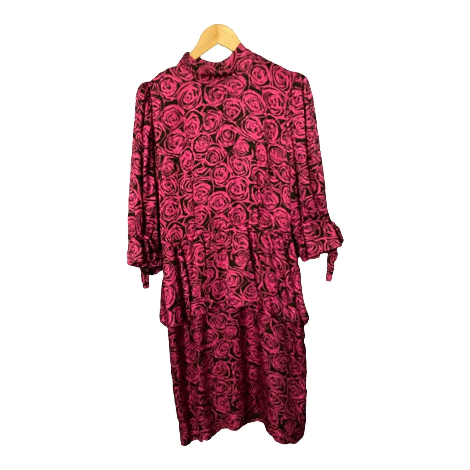 Jaeger Vintage Silk Pink/Black Rose Patterened 1/2 Sleeve Dress UK Size 14qA a