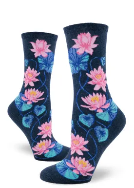 Lotus Flowers Women's Crew Sock in Heather Navy