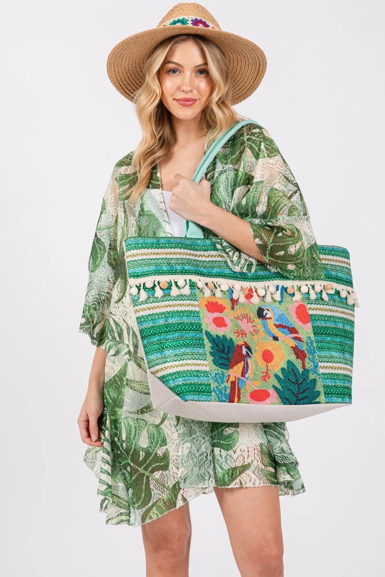 MB0249 Melany Parrot Boho Print Tassel Tote Bag