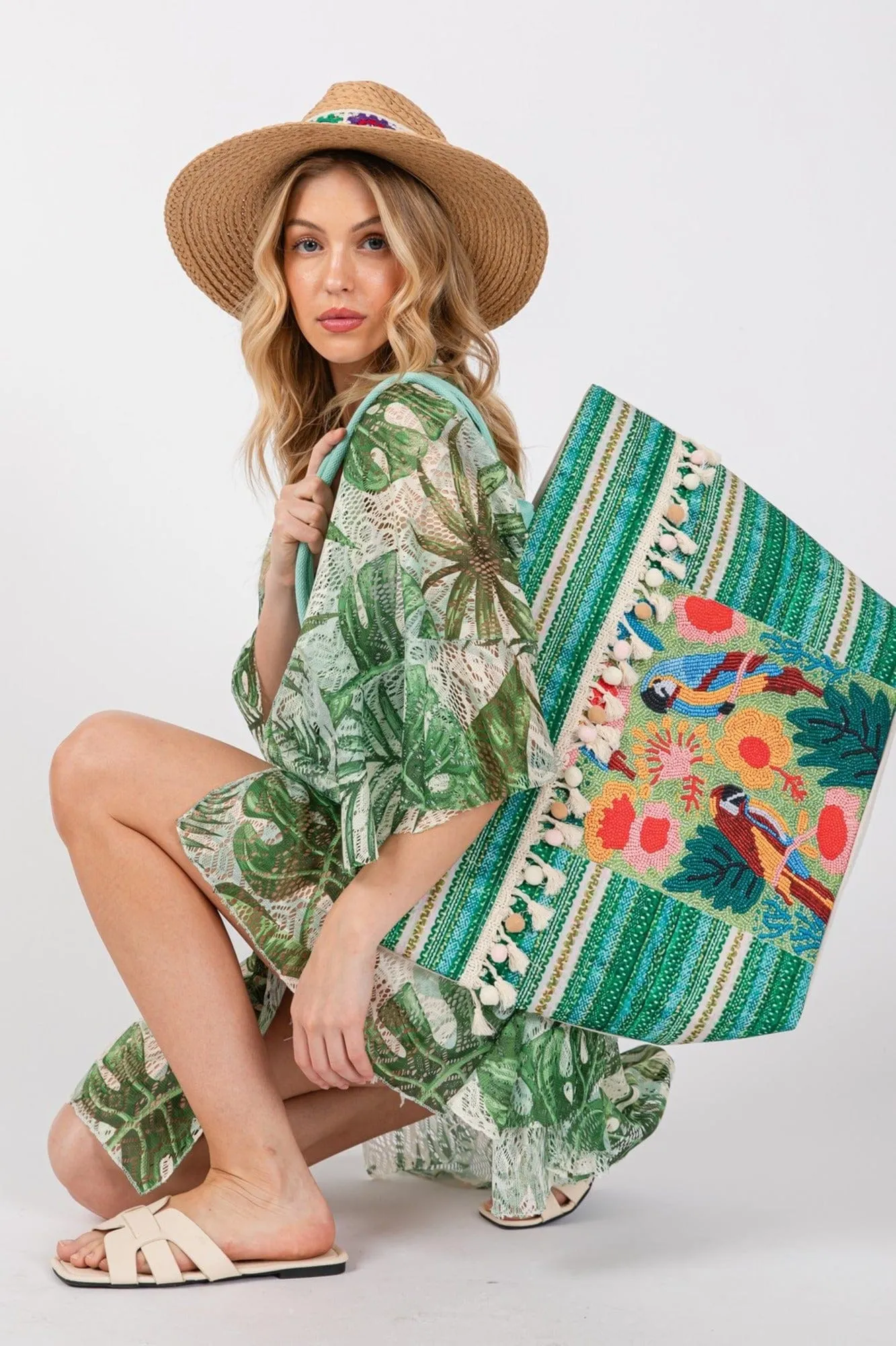 MB0249 Melany Parrot Boho Print Tassel Tote Bag