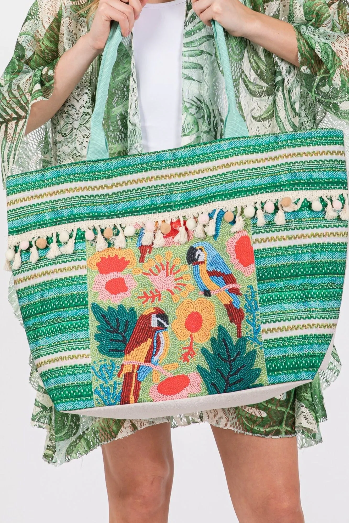 MB0249 Melany Parrot Boho Print Tassel Tote Bag