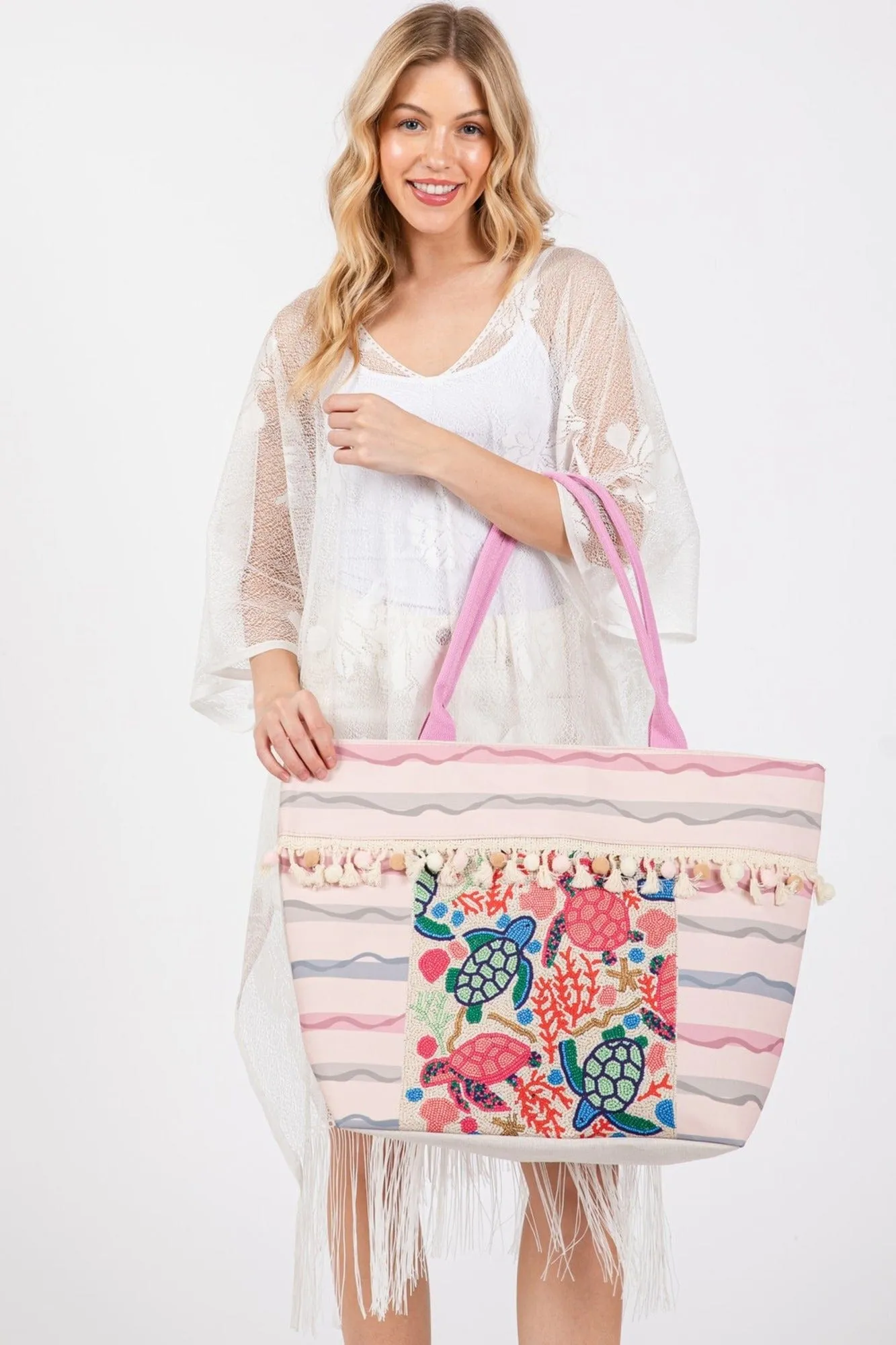 MB0250 Noah Boho Turtle Print Tassel Tote Bag