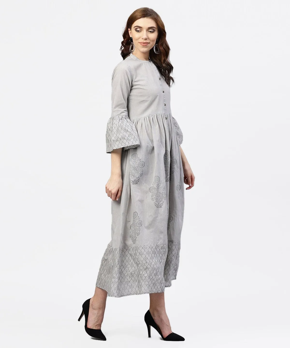 Off White Block Printed 3/4Th Sleeve Maxi Dress In Handloom Fabric