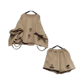 Pre Order: Loose Distressed Shirt   Wide Leg Shorts Set