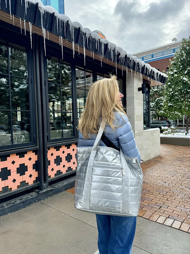 Puffer Tote Bag with Zipper Pockets in Metallic Silver