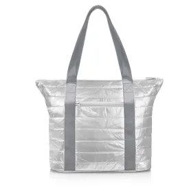 Puffer Tote Bag with Zipper Pockets in Metallic Silver