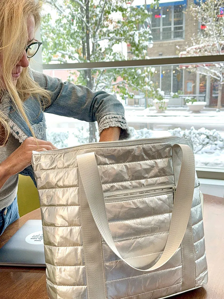 Puffer Tote Bag with Zipper Pockets in Metallic Silver