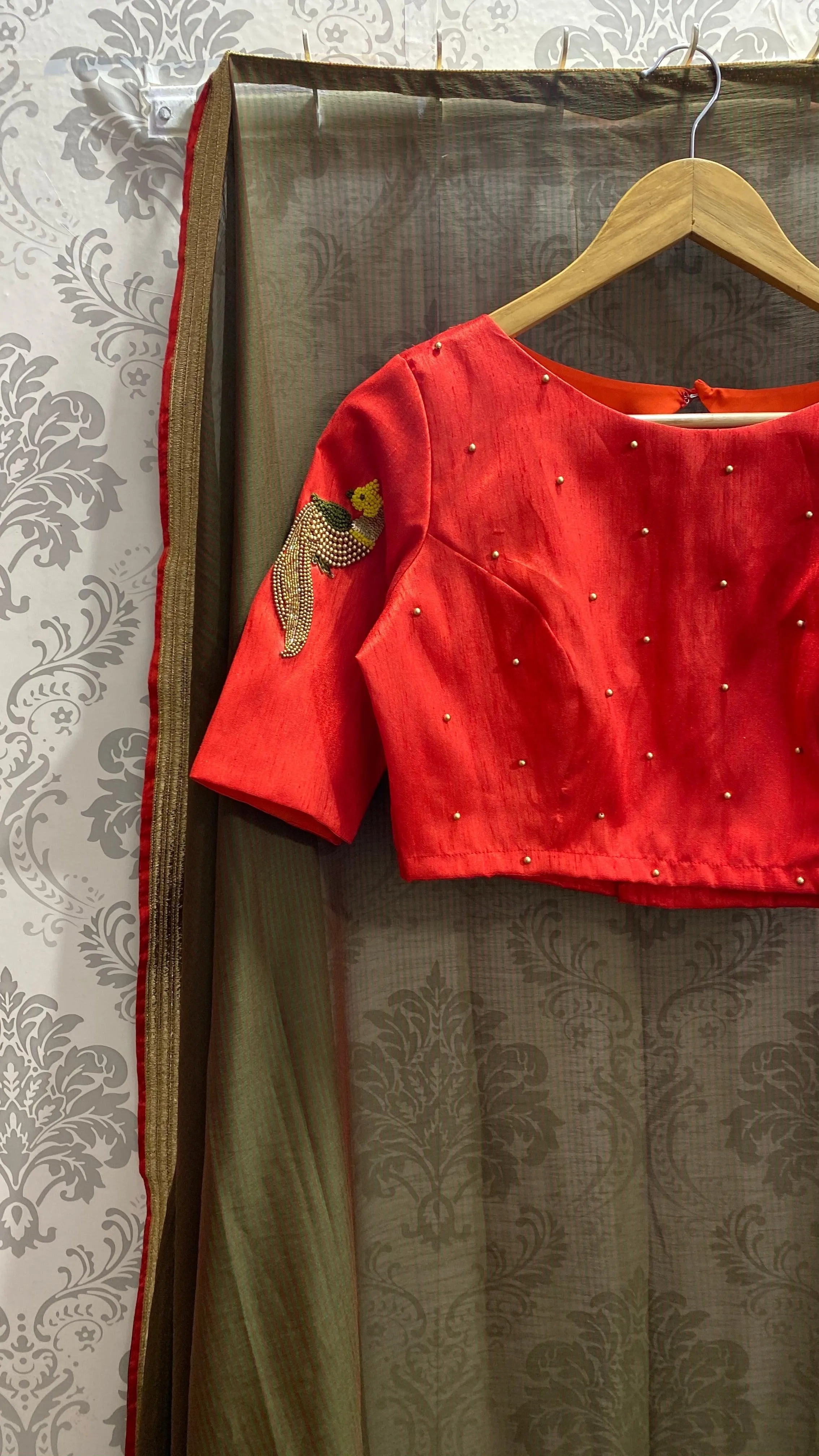 Red silk hand worked ready made blouse