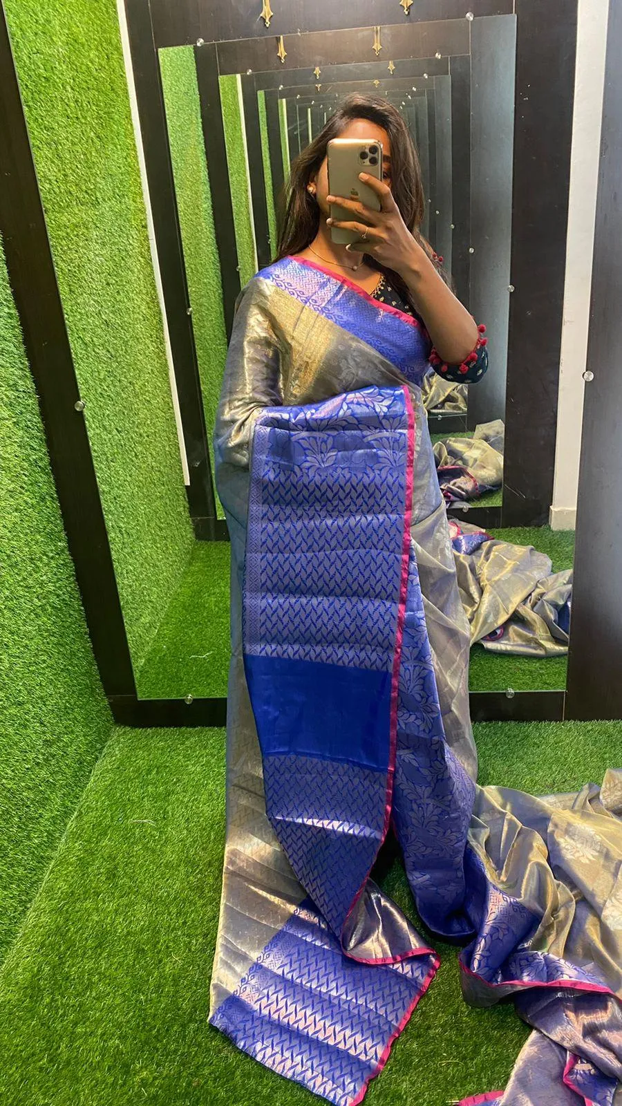 silver grey and blue silk saree with blouse