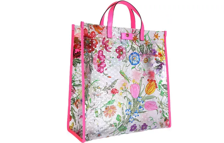 (WMNS) GUCCI Metallic Tiger Head Adornment Flowers Printing PVC Tote Pink Handbag 548713-91EB0-8859