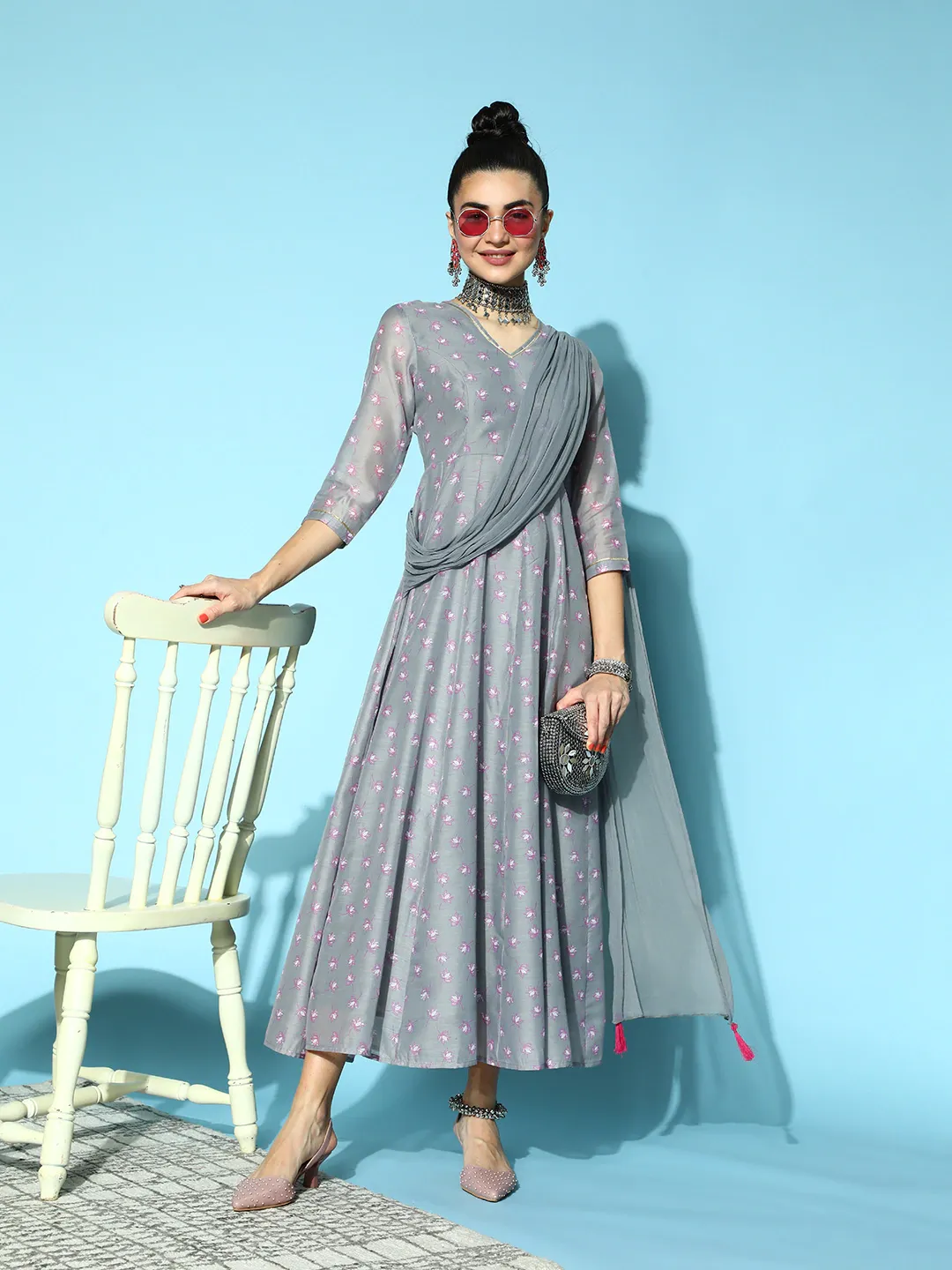 Women Grey Lotus Anarkali Maxi With Attached Pallu