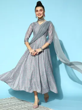 Women Grey Lotus Anarkali Maxi With Attached Pallu